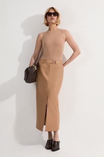 Petite Faux Leather Pencil Midi Skirt camel