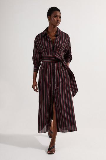 Petite Premium Cotton Tailored Belted Shirt Maxi Dress stripe