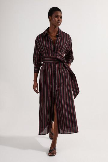 Premium Cotton Tailored Belted Shirt Maxi Dress stripe