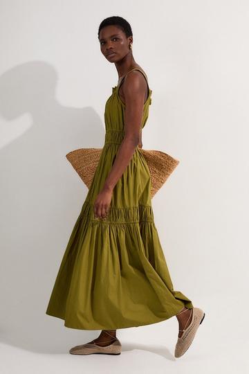 Petite Shirred Cotton Tiered Woven Strappy Maxi Dress khaki