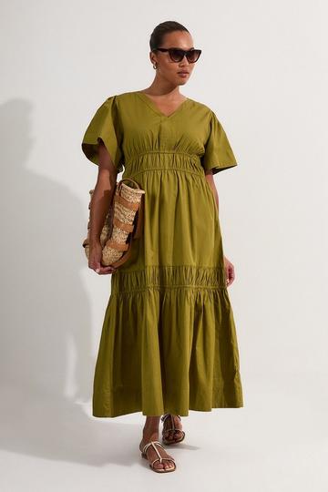 Plus Size Shirred Cotton Tiered Woven Midaxi Dress khaki