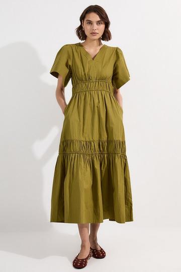 Shirred Cotton Tiered Woven Midaxi Dress khaki