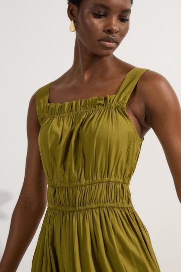Shirred Cotton Tiered Woven Strappy Maxi Dress khaki
