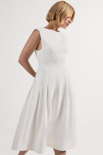 Petite Compact Stretch Open Back Full Skirted Tailored Midi Dress ivory