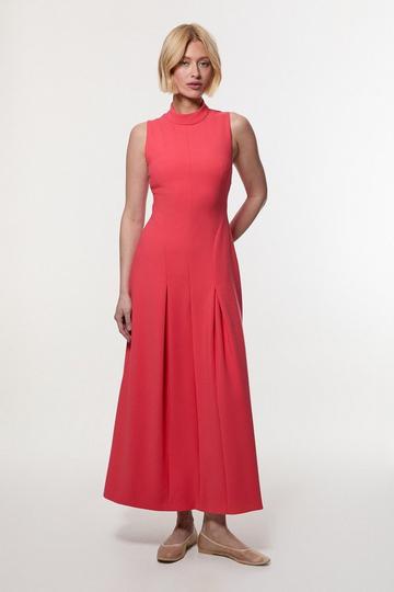 Pink Compact Stretch High Neck Open Back Tailored Maxi Dress