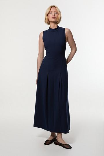 Compact Stretch High Neck Open Back Tailored Maxi Dress navy