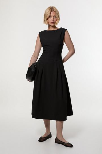 Black Compact Stretch Open Back Full Skirted Tailored Midi Dress