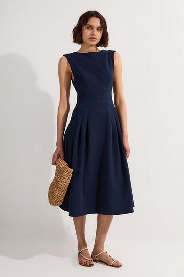 Compact Stretch Open Back Full Skirted Tailored Midi Dress navy