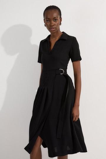Black Petite Soft Tailored Pleated Belted Midi Dress