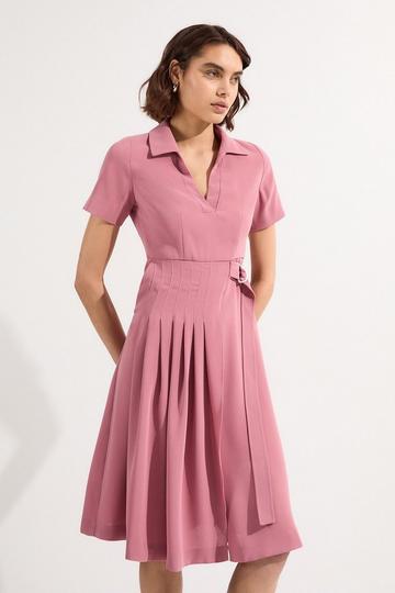 Petite Soft Tailored Pleated Belted Midi Dress dusty pink