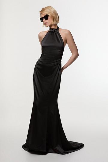 Premium Satin Halter Neck Tailored Maxi Dress black