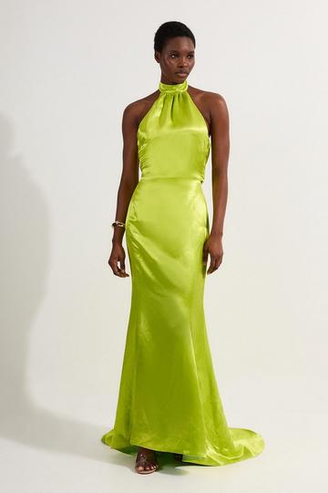 Premium Satin Halter Neck Tailored Maxi Dress lime