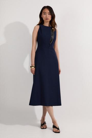 Navy Compact Stretch Contrast Tipped Full Skirted Maxi Dress