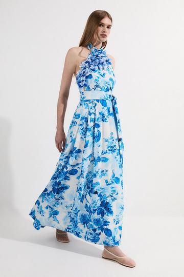 Blue Rosette Ruffle Woven Maxi Halter Dress