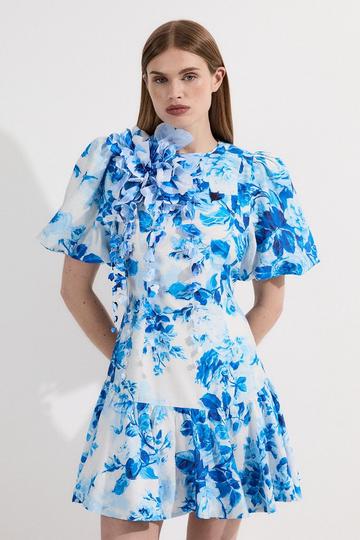Blue Rosette Ruffle Woven Mini Dress