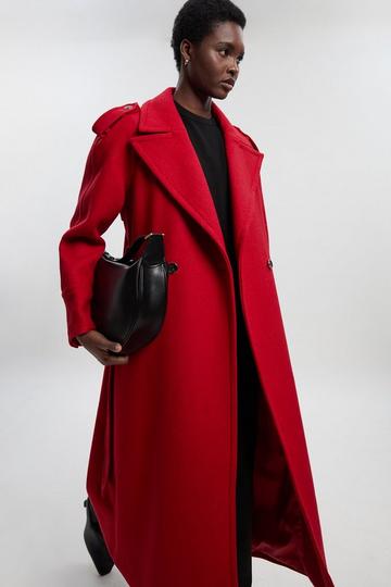 Red Wool Tailored Belted Midi Coat