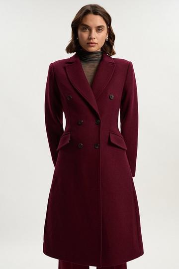 Wool Fitted Double Breasted Tailored Midi Coat burgundy