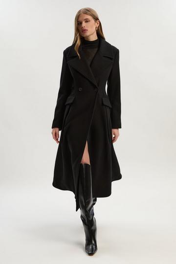 Wool Tailored Flared Skirt Midi Coat black