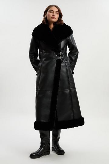Black Faux Shearling Oversize Collar Buckle Midi Coat