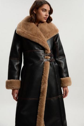 Faux Shearling Oversize Collar Buckle Midi Coat multi