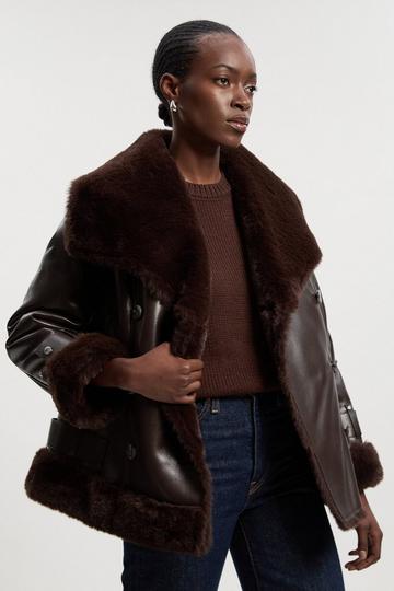 Faux Shearling Oversize Collar Short Coat chocolate