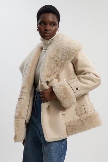 Faux Shearling Oversize Collar Short Coat ivory