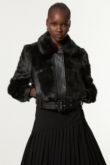 Black Faux Fur Pu Panelled Belted Cropped Jacket