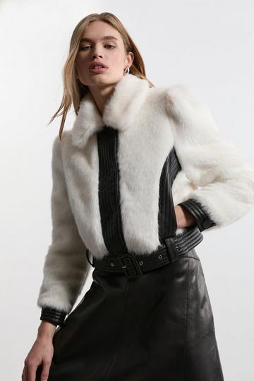 Faux Fur Pu Panelled Belted Cropped Jacket ivory