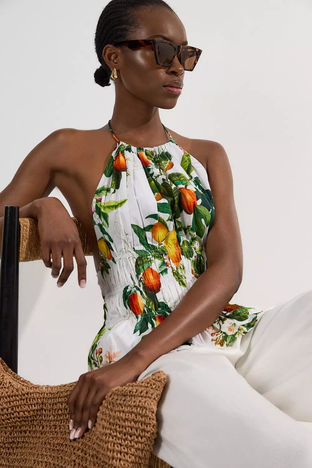 Shirred Cotton Tiered Fruit Print Halter Neck Woven Top