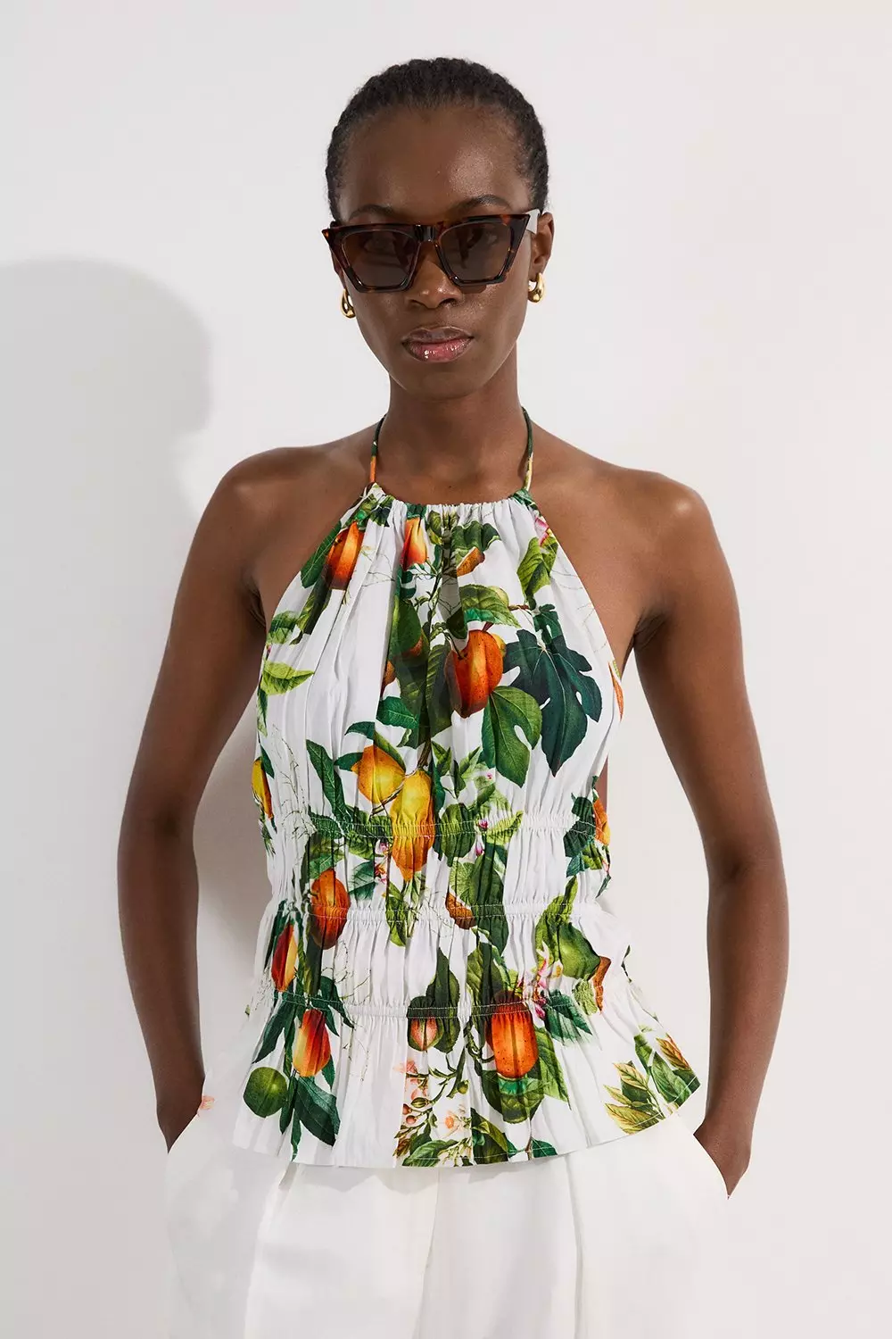 KAREN MILLEN 日本未入荷 ラップ ジョーゼット プリーツ ポンチ Shirred Cotton Tiered Fruit Print Halter Neck Woven Top