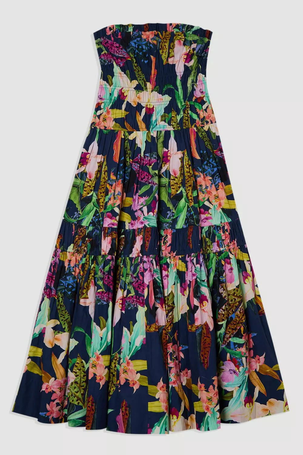 Shirred Cotton Tiered Floral Print Bandeau Woven Maxi Dress