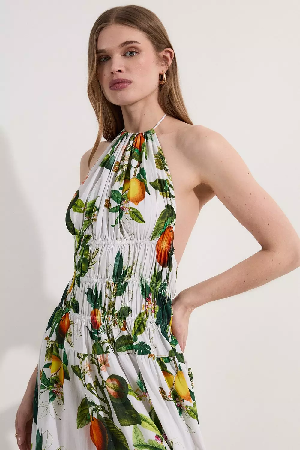 Petite Shirred Cotton Tiered Fruit Print Halter Neck Woven