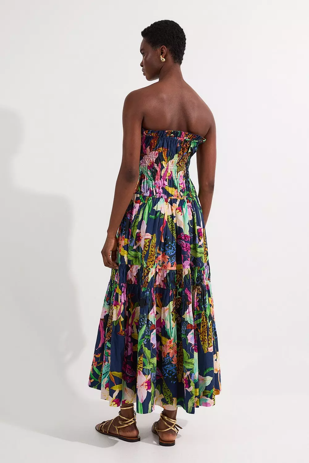 Petite Shirred Cotton Tiered Floral Print Woven Maxi Dress