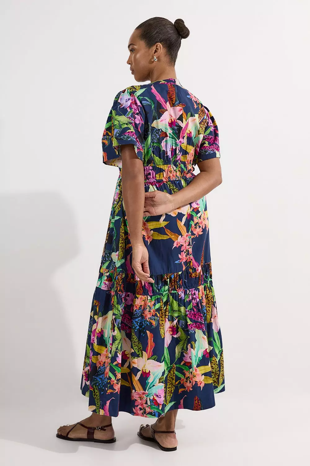 Plus Size Shirred Cotton Tiered Floral Print Woven Maxi