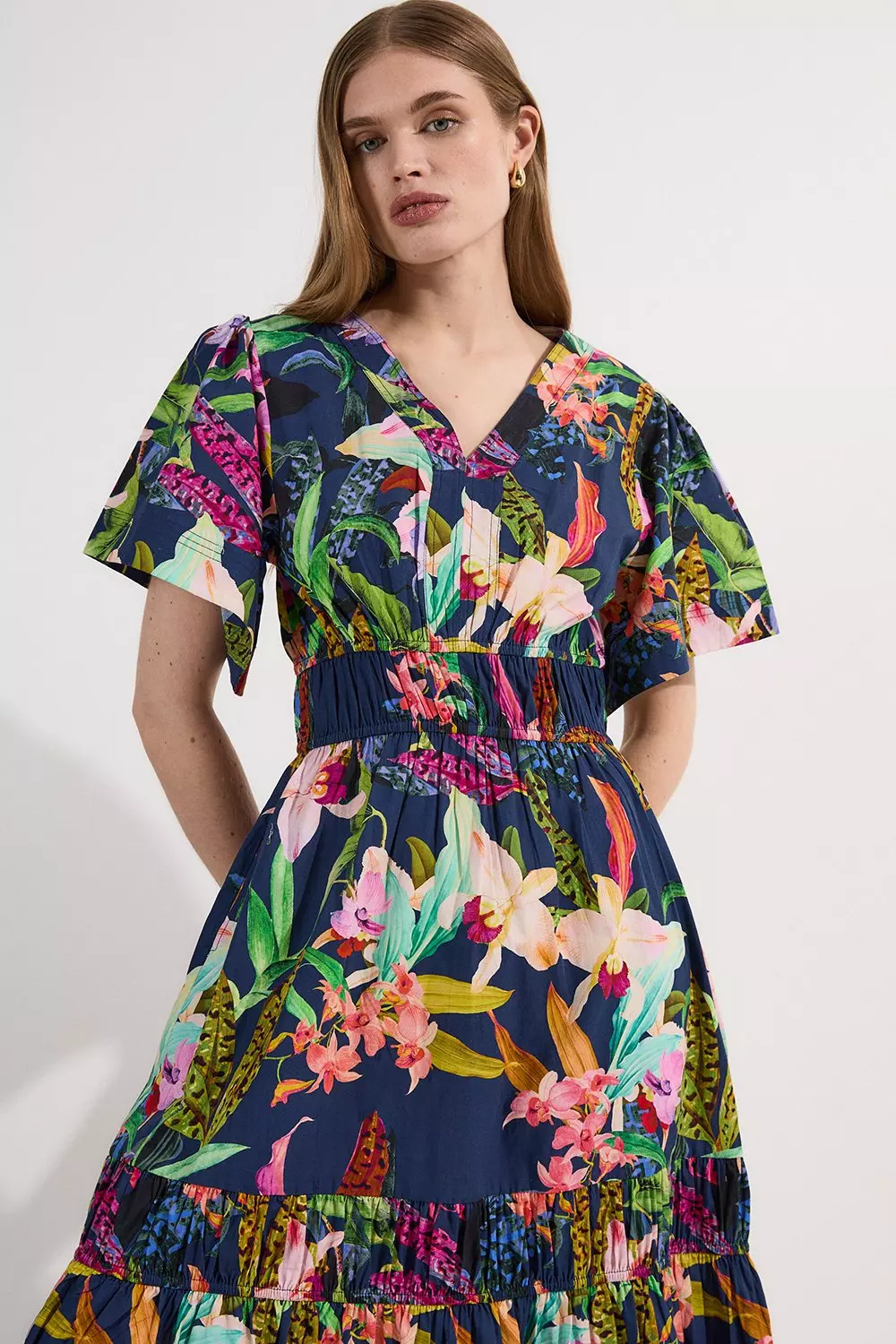 【Karen Millen】シャーリングコットンティアード織マキシドレス Cotton Woven Shirred Tiered Midi Dress | Karen Millen