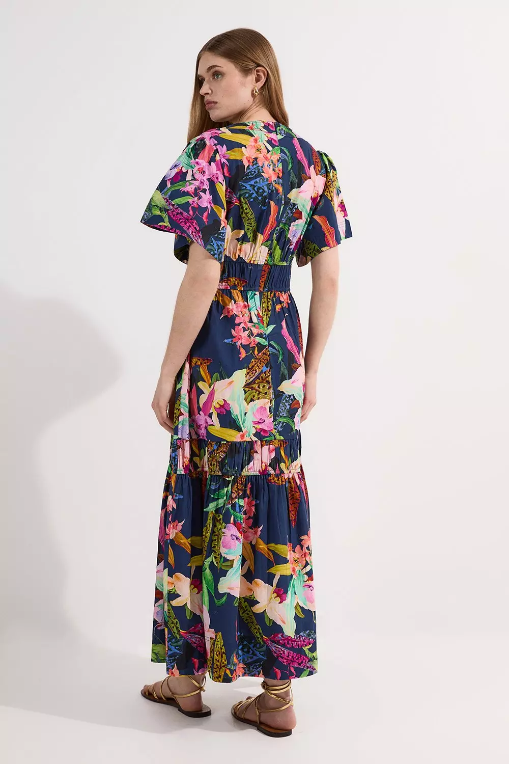 Shirred Cotton Tiered Floral Print Woven Maxi Dress | Karen