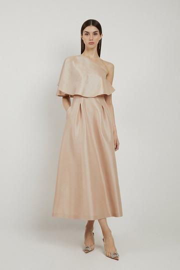 Champagne Beige Petite Taffeta One Shoulder Ruffle Midi Dress