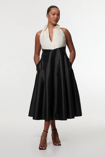 Plus Size Taffeta Contrast Tux Tailored Full Skirted Shirt Dress mono