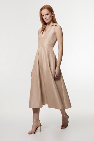 Champagne Beige Metallic Taffeta Tux Tailored Full Skirted Shirt Dress