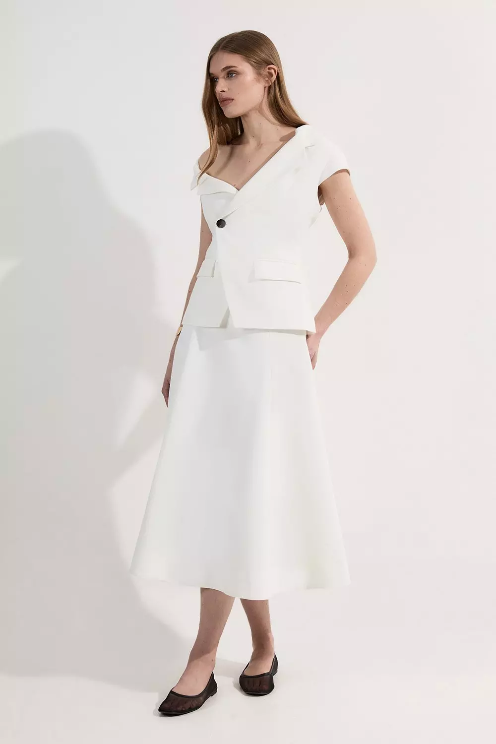Clean Tailored Asymmetric Collar Belted Full Skirted Tailored Midi Dress