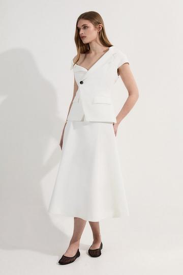 Petite Clean Tailored Asymmetric Collar Belted Full Skirted Tailored Midi Dress ivory