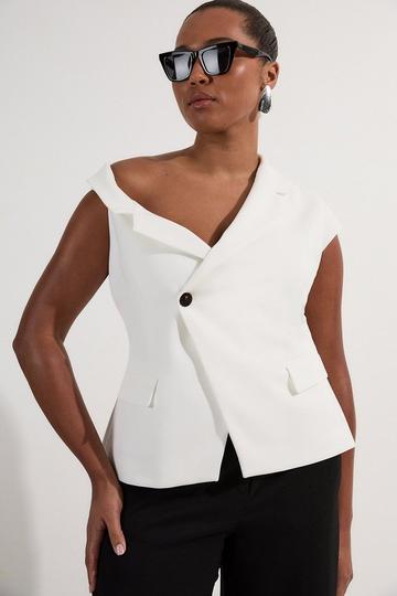 Plus Size Clean Tailored Asymmetric Collar Belted Tailored Top ivory