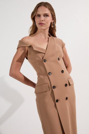 Compact Stretch Asymmetric Collar Tailored Pencil Maxi Dress camel