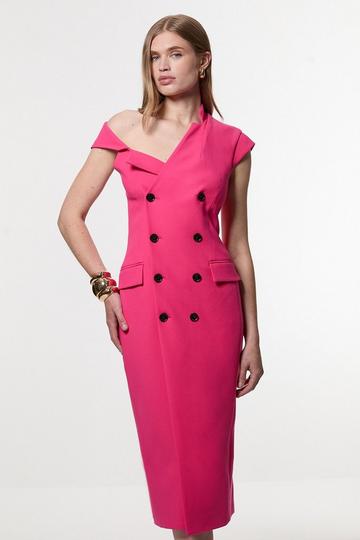 Pink Compact Stretch Asymmetric Collar Tailored Pencil Maxi Dress