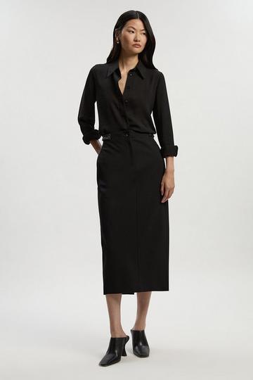 Black Ponte And Pu Mix Tab Detail Tailored Pencil Midi Skirt