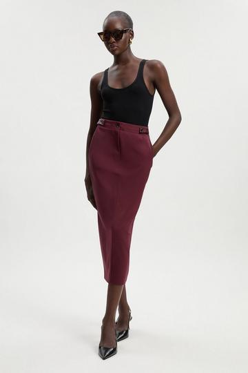 Ponte And Pu Mix Tab Detail Tailored Pencil Midi Skirt burgundy