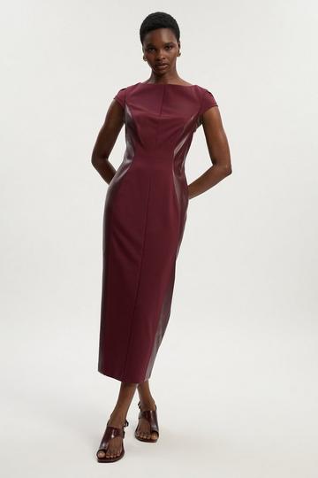 Ponte And Pu Mix Short Sleeve Tailored Pencil Midi Dress burgundy