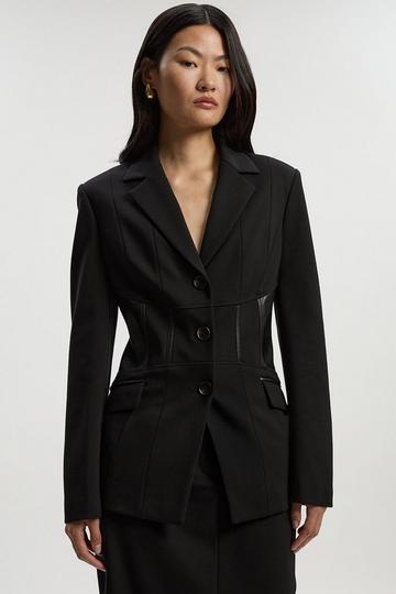 Ponte And Pu Mix Waist Seam Detail Tailored Single Breasted Blazer black