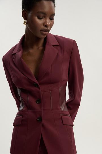 Ponte And Pu Mix Waist Seam Detail Tailored Single Breasted Blazer burgundy