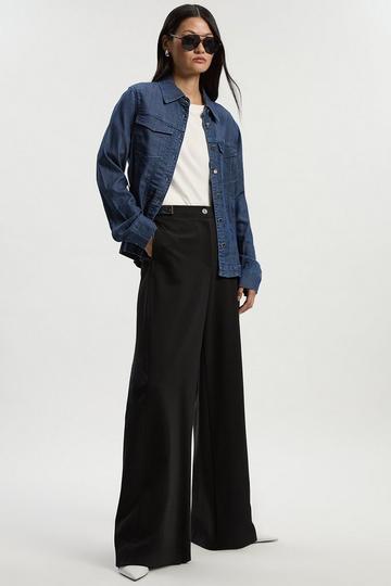 Black Ponte And Pu Mix Tab Detail Tailored Wide Leg Trouser